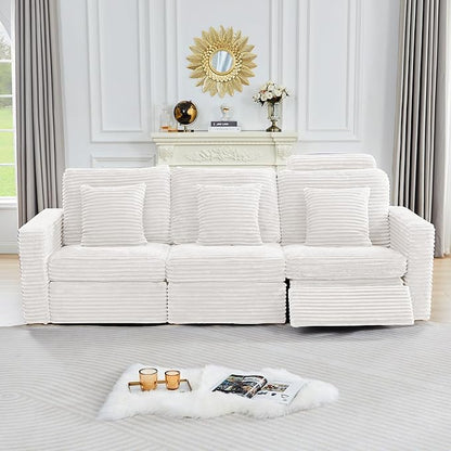 ORRD Power Reclining Sectional Sofa, Electric 3 Seat Recliner with 1 Electric Footrest and Adjustable Headrest, Modern Plush Corduroy Fluffy Reclining Sectional with Deep Seat for Living Room-White