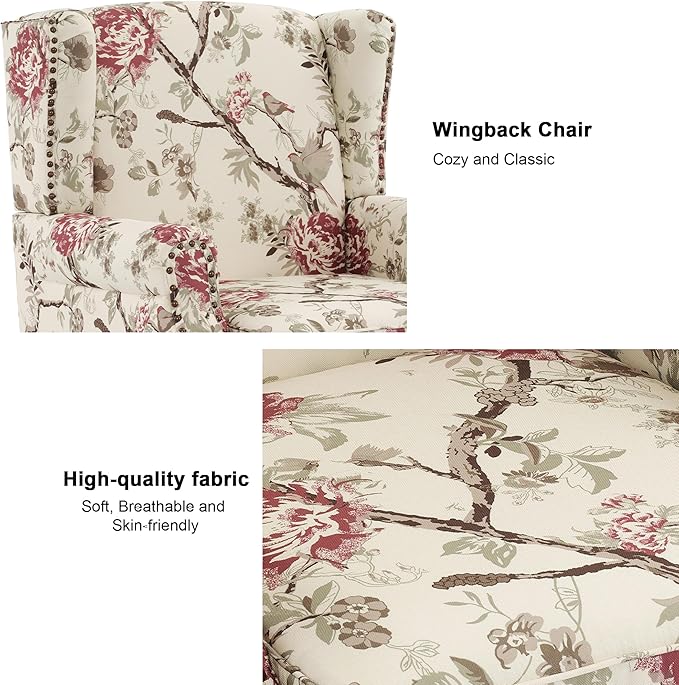 Accent Chair, Upholstered High Back Floral Armchair with Nailhead Trim & Wood Legs, Comfy Wingback Reading Single Sofa Chair for Small Spaces, Living Room, Bedroom (Pink Floral, Set of 2)