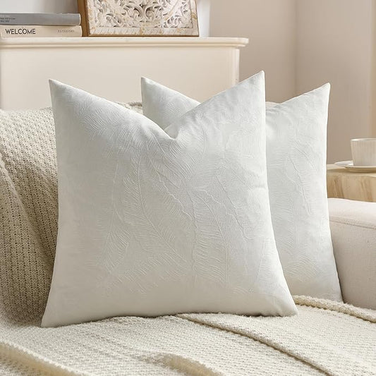 FUTEI Cream Velvet Throw Pillow Covers 16x16 Inch Set of 2,Soft Embossed Leaf-Relief Textured Cushion Cases,Natural Home Decor for Couch Living Room