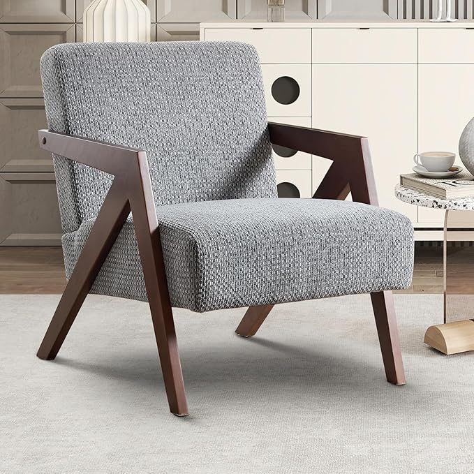 INZOY Mid Century Modern Accent Chair with Wood Frame, Upholstered Reading Armchair with Soft Linen Fabric, Accent Chair for Living Room Bedroom Apartment, Easy Assembly, Blue