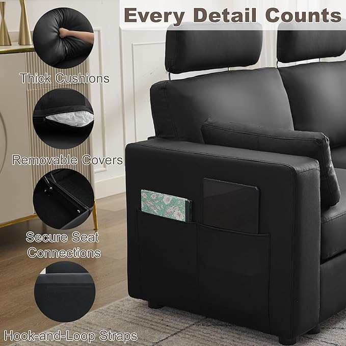 98.2" Oversized 3 Seater Storage Couch, Faux Leather Modular Sectional Sofa with Headrest & Side Pockets, Cloud Upholstered Couches Deep Seat, Sofas for Living Room Apartment Small Spaces, Black