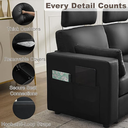 41.1" Accent Storage Sofa Chair with Ottoman, Faux Leather Living Room Chaise Lounge Chair with Headrest & Side Pockets, Modern Upholstered Comfy Arm Chairs, Sleeper Sofa, Reading Club Chairs, Black