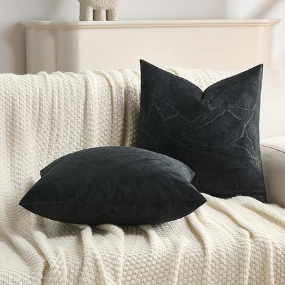 FUTEI Black Velvet Throw Pillow Covers 16x16 Inch Set of 2,Soft Embossed Leaf-Relief Textured Cushion Cases,Natural Home Decor for Couch Living Room