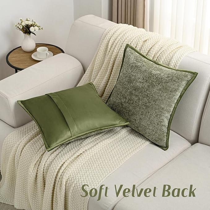 FUTEI Sage Green Chenille Throw Pillow Covers 26x26 Inch Set of 2,Soft Cozy Bound Edge Design Euro Pillow Sham,Home Decor for Couch Bed Living Room