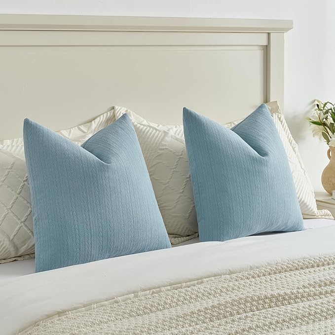 FUTEI Denim Blue Decorative Throw Pillow Covers 18x18 Inch Set of 2,Soft Cozy Wheat Ear Striped Patterns Cushion Cases,Modern Home Decor for Couch Bed Living Room