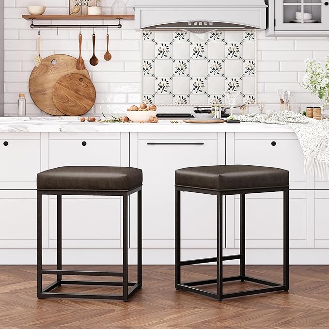ALPHA HOME 24 Inch Counter Height Bar Stools Set of 4, Upholstered Bar Stools for Kitchen Island, Counter Stools with Faux Leather Cushion and Sturdy Metal Frame, Modern Barstools, Grey