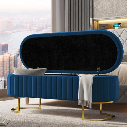 EcoHarbor Living 55.5" Storage Bench Ottoman End of Bed Bench Bedroom Bench, Upholstered Velvet Long Window Bench Large King Size with Gold Legs, Flipping Lid Entryway Footrest