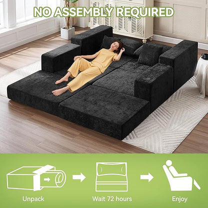 79" Boneless Cloud Loveseat Sofa Couch, Modular Foldable Floor Sofa with Ottoman, Chenille Lounge Convertible Sofa Bed for Living Room, No Assembly, Black