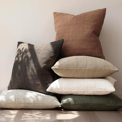 Foindtower Set of 2 Decorative Linen Check Throw Pillow Covers Neutral Farmhouse Vintage Cushion Covers Modern Boho Home Decor for Sofa Chair Couch Bedroom Living Room,26×26 Inch,Dark Brown