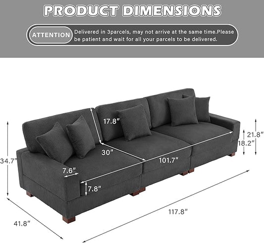 Modular Sectional Couches for Living Room, 118" Modern Upholstered 3-Seater Sofa Couche for Living Room Bedroom, Grey