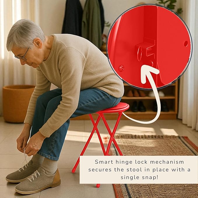 Lavish Home Folding Stool Set - Set of Two 24-Inch Padded Stools with 225lb Capacity for Kitchen, Dorm, or Rec Room - Portable Stools for Adults - Collapsible Sitting Stool Set for Seating (Red)