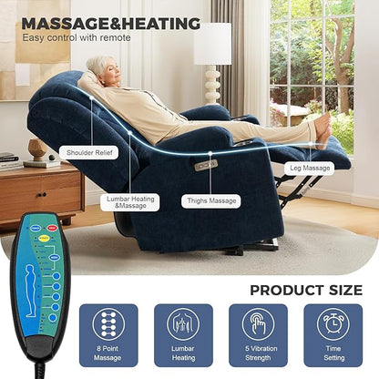 HUSFU Oversized Power Lift Recliner Chairs for Elderly with Massage and Heat, Wide Recliners Chair,Upgraded Chenille Lift Chairs w/Cup Holders, USB & Type-C Ports,Blue,2PCS