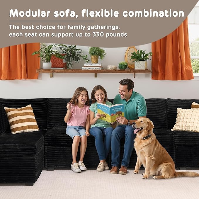 130'' Modern Modular Sectional Sofa with Movable Ottoman,5 Seats Cloud Comfort Corduroy Fluffy Couch,L Shaped Convertible Sofa Couch for Living Room,Black