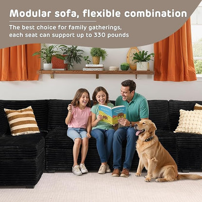 130'' Modern Modular Sectional Sofa with Ottoman, 8 Pieces U Shaped Cloud Couch for Living Room, Oversized Deep Seat Convertible Sofa Set, Plush Corduroy Black