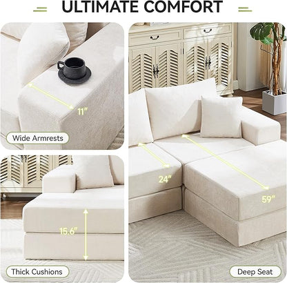 79" Boneless Loveseat Sofa Couch, Modular Foldable Floor Cloud Sofa with Ottoman, Lounge Convertible Sofa Bed for Living Room, No Assembly, Chenille Beige
