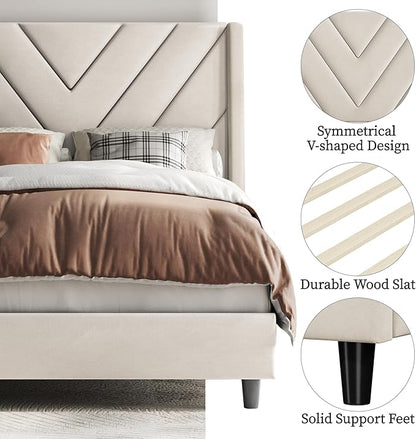 Yaheetech Twin Bed Frame Upholstered Platform Bed with Wing Side/Wooden Slat Support/Tufted Headboard with Wing Side/Mattress Foundation/No Box Spring Needed,Beige Twin Bed
