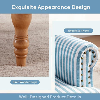 HUIMO Linen Fabric Accent Chairs Set of 2, Mid-Century Modern Armchair with Solid Wood Legs, Single Sofa Chair,Upholstered Reading Club Chair (2, Blue and White Stripe)