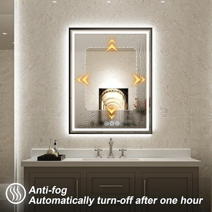 24x36 Inch LED Bathroom Mirror with Lights,Front and Backlit Black Metal Frame Mirror,Wall Mounted Lighted Vanity Mirrors,Double Lights Strips,Anti Fog Stepless Dimmable