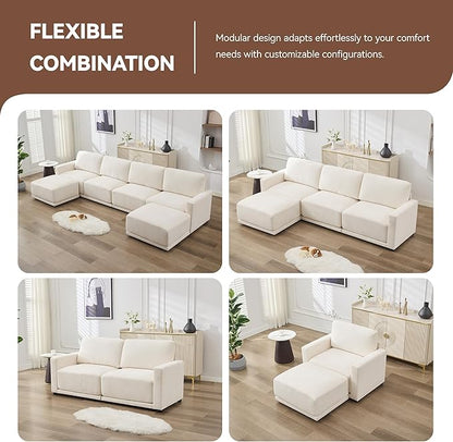 143.8" Modular Sectional Sofa Modern Chenille U-Shaped Couch with Thickened Seat Cushions, Easy Assembly, Upholstered 6 Seater Couch with 2 Movable Ottomans for Living Room, White