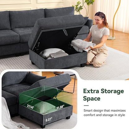109'' Modular Sectional Sofa, L Shaped Couch with Storage Ottoman, Comfy Cloud Sofa with Deep Seat, 4 Seat Convertible Sectional Couches for Living Room (Gray, High Legs 3.15'')