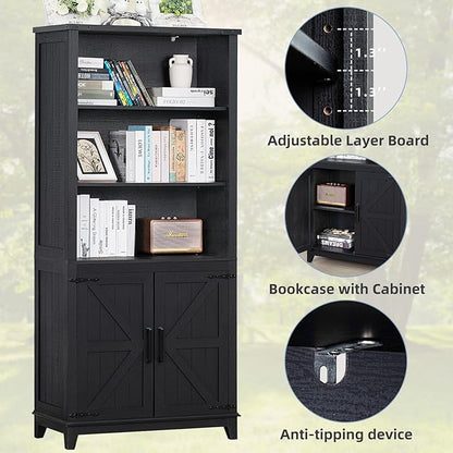 70in Tall Bookshelf 5 Tier Bookcase with Barn Doors and Adjustable Shelves, Black Farmhouse Book Shelf with Storage Cabinet, Wood Freestanding Display Bookshelves for Bedroom, Kitchen (2PCS)