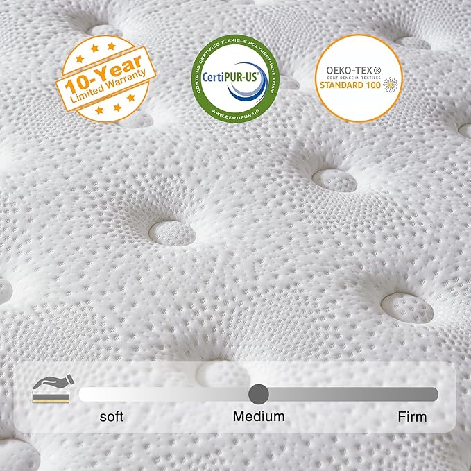 Full Size Mattress, 10 Inch Hybrid Mattress in a Box, Memory Foam and Individual Pocket Springs, Fiberglass Free, Soft and Breathable, Medium Firm Feel