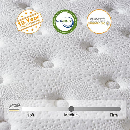 King Mattress, 12 Inch Hybrid Mattress in a Box, Memory Foam and Individual Pocket Springs, Fiberglass Free, Soft and Breathable, Medium Firm Feel