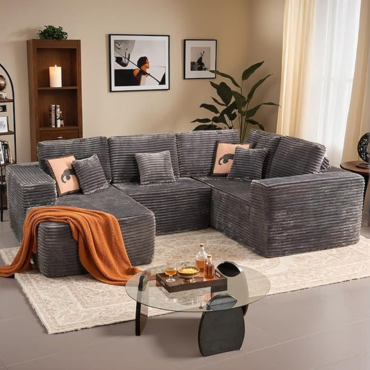 Weaxty Boneless Sectional Couch, U Shaped Modular Cloud Couches with Chaise, Plush Corduroy Memory Foam Deep Seat Floor Sofa, No Assembly Required，Gray