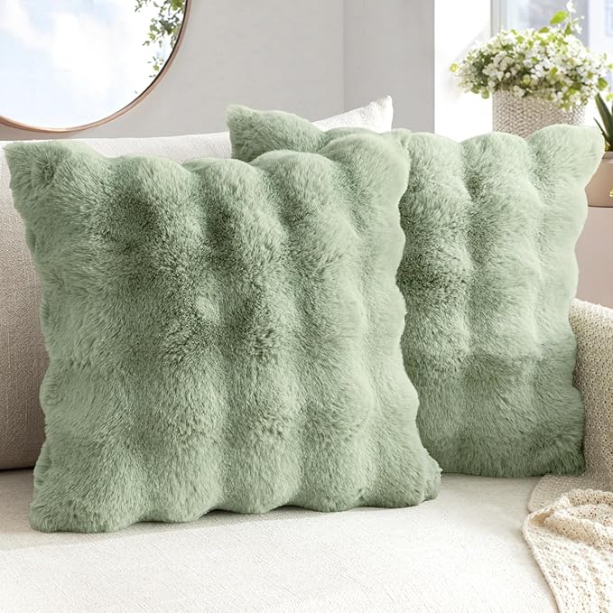 MIULEE Faux Fur Pillow Covers Thick Soft Plush Throw Pillows Luxury Home Decor for Couch Bed Bedroom Living Room Sofa,20x20 Inch Pack of 2 Sage Green
