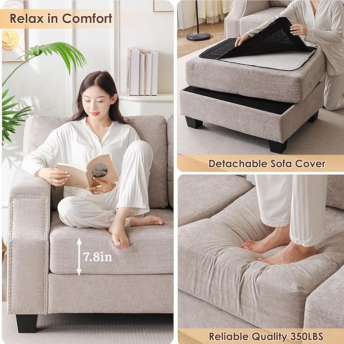 85'' L Shaped Couch with Armrest Organizer,Comfy 3 Seats Sofa with Storage Ottoman,Chenille Sectional Couches for Living Room,Bedroom,Apartment,Sofa Set with Oversized Chair,Khaki