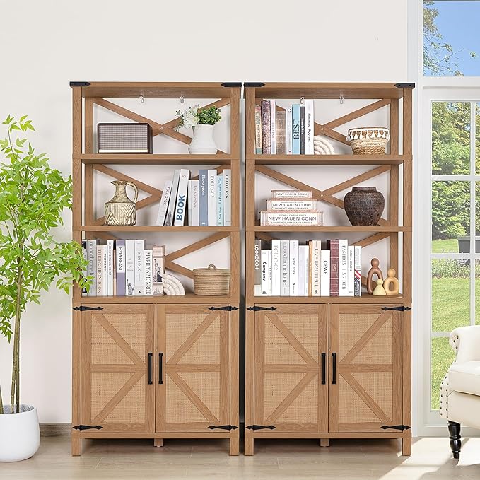 5 Tier Bookshelf 70" Rattan Boho Tall Bookcase with Barn Doors,Large Farmhouse Display Book Shelf with Adjustable Shelves and Storage Cabinet，Wood Bookshelves for Living Room,Kitchen,Natural