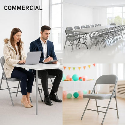 SEALAMB 4 Pack Grey Folding Chairs with Padded Seats & Cushion, Durable Metal Foldable Chairs for Wedding Party, Commercial Chairs for Office School Church Events, 330lb Capacity (Grey-PU, 4 Pack)