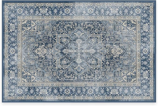 RUGGABLE Washable Area Rug – Kamran Admiral Blue 2x3, Stain-Resistant, Non-Slip – Small Machine Washable Rugs for Living Room, Bedroom, Hallway, Entryway & Bathroom–with Standard Pad