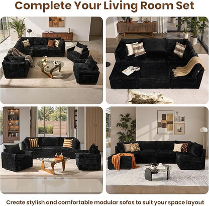 130'' Modern Modular Sectional Sofa with Ottoman, 8 Seater U Shaped Cloud Couch for Living Room, Oversized Deep Seat Convertible Sofa Set, Plush Corduroy Black