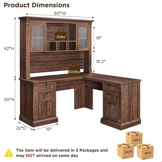 OKD 60" L Shaped Executive Desk with Hutch and Drawers, Farmhouse Home Office Desk with Charging Station, File Cabinet Storage, Wood Corner Computer Desk for Work and Study, Reclaimed Barnwood