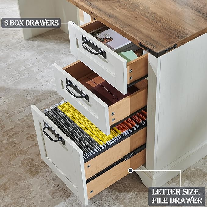 RedLemon 60" Farmhouse L Shaped Executive Desk with Drawers, Wood Home Office Corner Desk with Charging Station, File Drawer, Storage Cabinet, Rustic Computer Writing Desk (Antique White)