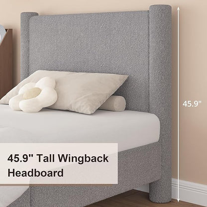 Full Size Bed Frame, Boucle Upholstered Platform Bed with Headboard and Footboard, Soft Rounded Corners, No Box Spring Required, Easy Assembly, Light Grey