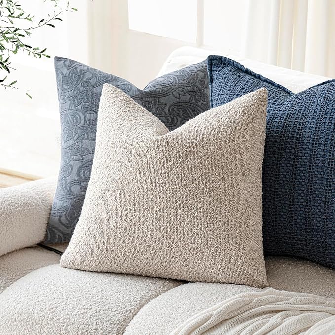 Foindtower Pack of 2, 20 x 20 Inch, Decorative Textured Boucle Throw Pillow Covers Accent Solid Pillow Cases Cozy Soft Couch Cushion Case for Chair Sofa Bedroom Living Room Home Decor, Beige