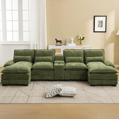 125'' U Shaped Cloud Modular Sofa with Chaise Lounges, Chenille Upholstered Comfy Sectional Couch with Storage Console, USB Charging Ports & Cup Holders, Small Deep Seat Sofa for Living Room, Green