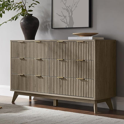 T4TREAM Fluted 6 Drawers Dresser, 54" Wide Modern Chest of Drawers, Curved Profile Design, Dresser TV Stand, Wood Drawer Organizer for Bedroom, Living Room, Hallway, Grey Alder