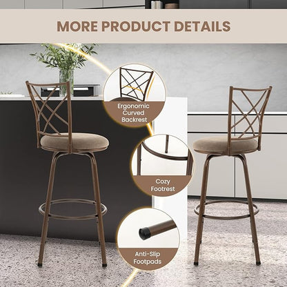 COSTWAY Bar Stools for Kitchen Island, 24/30 Inch Adjustable Seat Height Swivel Barstools, Plush Fabric Cushioned Seat & Cozy Backrest, Extra Leg Tubes for Height Adjustment, for Kitchen, Bar (4)