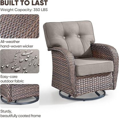 6-Piece Rotating Balcony Chair Set with 31-inch T-Shaped Wide backrest - Rattan Outdoor Rotating Balcony Chairs, Wide backrest Comfortable Outdoor Sliding Chair - Brown | Grey