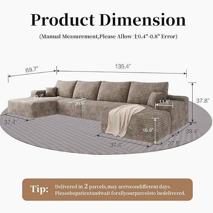 135.4" Large Cloud Modular Sectional Couch with Ottoman, Minimalist Upholstered Couches, Comfort U Shaped Sofa for Living Room,Deep Seat Corner Couch，No Assembly Required (Camel,Left Facing Chaise)