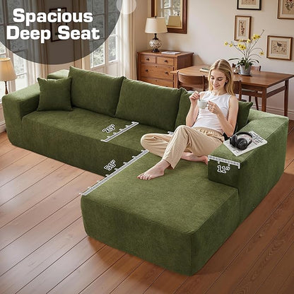 106" Cloud Sectional Couch with Chaise Lounge,L Shaped Modular Modern Sofa,Comfy Velvet Fluffy Couches with Deep Seat,No Assembly Required Couch for Living Room (Right,Cloudy Velvet,Green)