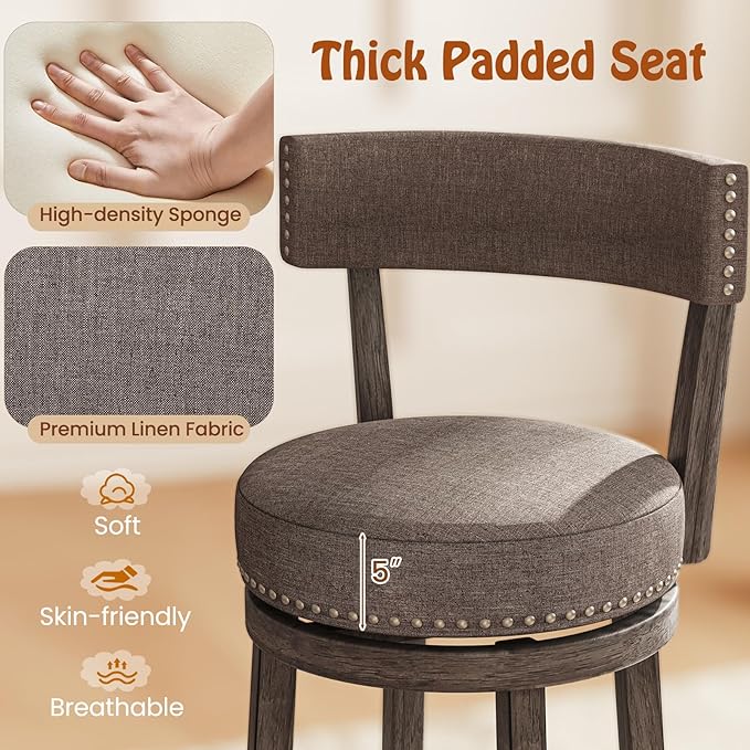 COSTWAY Bar Stools Set of 4, Upholstered Farmhouse Bar stools with Cushioned Seat & Backrest, Solid Wood Legs, Footrest, 26” Counter Height Swivel Stools for Kitchen Island, Pub (4, 26'' Seat Height)