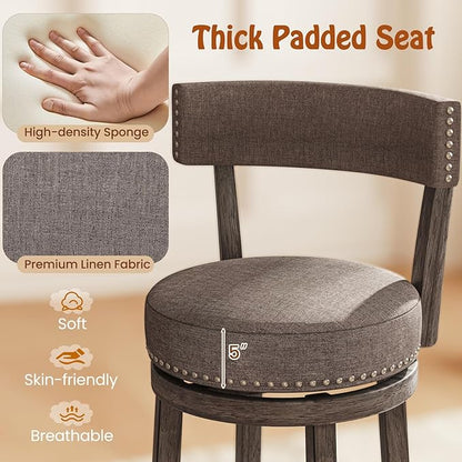COSTWAY Bar Stools Set of 4, Upholstered Farmhouse Bar stools with Cushioned Seat & Backrest, Solid Wood Legs, Footrest, 26” Counter Height Swivel Stools for Kitchen Island, Pub (4, 26'' Seat Height)