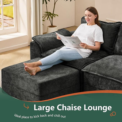 Hobestluk 152" Cloud Modular Sectional Couch 4-Seater Sofa with Ottomans U Shaped Couch Deep Seat Sofa with Removable Cover for Living Room (Dark Grey, 4-Seater Sofa with Two Ottomans)