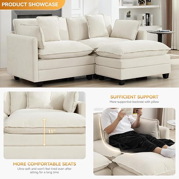 76'' Cloud Deep Seat Loveseat Sofa, Upholstered Chenille Modular 3-Seats Sectional Sofa Couch with Movable Ottoman, Modern Comfy Settee Loveseat for Living Room Set, Small Apartment, Beige