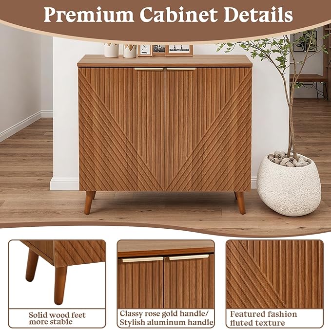Fluted Brown Storage Cabinet with Doors, Wood Sideboard Buffet Cabinet with Adjustable Shelf, Modern Accent Table for Living Room, Entryway