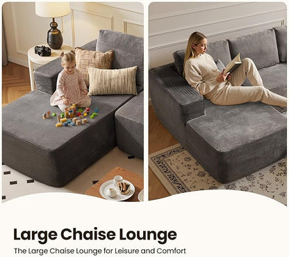 104" Cloud Sectional Couch with Chaise, Boneless L-Shaped Cloud Couch with Deep Seat, Corduroy Modern Minimalist Sofa, Assembly Free Comfy Sofa for Office Living Room Apartment(Grey, Left Chaise)